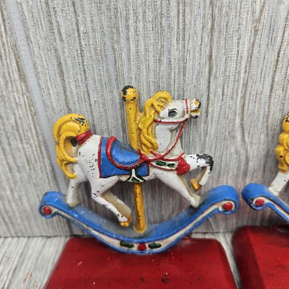 Vintage Cast Iron Rocking Horse Stocking Holders Set Christmas Decor Pair - Picture 2 of 8
